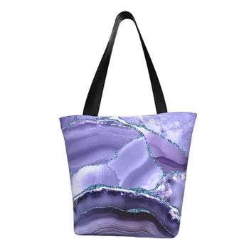 Фиолетовая Русалка, блестящий Агат и мраморный пейзаж, сумка для покупок, холщовая сумка для покупок, сумка с абстрактной геометрической текстурой