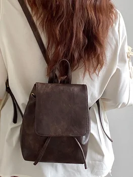 Винтажный модный однотонный коричневый рюкзак большого размера для девочек 2023 Весна Лето Женская дорожная сумка для пригородных поездок Tide