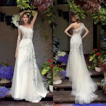 Свадебные платья 2020 года с длинными рукавами и кружевными аппликациями на одно плечо, свадебные платья с открытой спиной и шлейфом, Свадебное платье трапециевидной формы