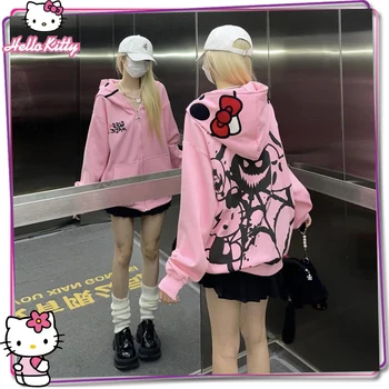 Новая женская толстовка Sanrio Hello Kitty с длинными рукавами Y2K Осень/ зима Утолщенная Теплая толстовка с капюшоном Повседневный пуловер Топ Подарок