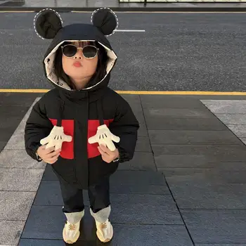 Детские куртки Kawaii Cute Disney с Микки Маусом, зимняя утолщенная теплая хлопковая куртка с рисунком из мультфильма, двусторонняя одежда, подарок на день рождения
