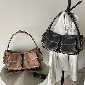 Винтажные женские сумки Y2k подмышками, роскошная дизайнерская сумка и портмоне 2023 года, новинка для мото и байкеров, множество карманов, Квадратное плечо