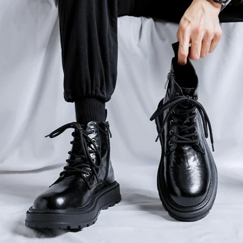 Модные Новые Мужские Ботинки Среднего размера В Английском стиле На Толстой Подошве, Высококачественная Обувь Из Натуральной Кожи, Мужские Нескользящие Ботинки На шнуровке