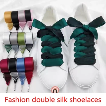 Модные Двойные Шелковые Шнурки, Атласная лента, Плоские шнурки для Обуви, Женские Кроссовки, Качественные Металлические Шнурки для обуви