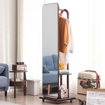 Зеркало для переодевания, зеркало в полный рост, Вращающееся Многофункциональное Зеркало для спальни из массива дерева, вешалка для одежды, встроенное зеркало