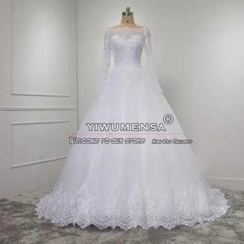Элегантные женские свадебные платья с вырезом лодочкой, на шнуровке сзади, белые свадебные платья, сшитые на заказ, Платье невесты с длинными рукавами