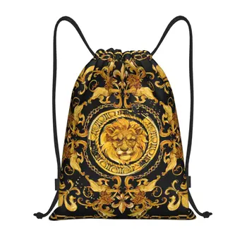 Рюкзак на шнурке с золотым львом и дамасским орнаментом, женский Мужской спортивный рюкзак для спортзала, складная сумка для тренировок в стиле барокко, сумка