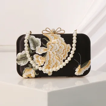 Женский клатч с вышитыми цветами, вечерняя сумочка в китайском стиле, кошелек с жемчужной ручкой, маленькая сумочка в твердой коробке
