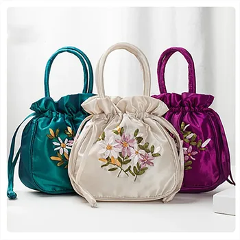 Маленькая женская сумка-ведро с верхней ручкой, женская сумочка, сумка для телефона, летняя сумочка с вышивкой в национальном стиле, сумка на шнурке с цветочным узором