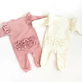 Зимняя теплая хлопковая однотонная одежда для новорожденных девочек, комбинезоны с длинными рукавами и рюшами, 0-18 м