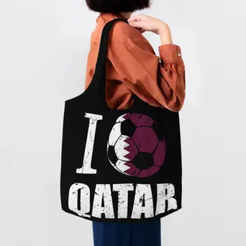 Кавайный принт, я люблю Катарский футбол, сумки для покупок, многоразовые холщовые сумки для покупок, сумки для фотографий через плечо