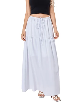 Женская повседневная юбка Макси с высокой талией, Однотонная длинная юбка в стиле бохо, струящиеся юбки Макси трапециевидной формы, Летняя пляжная уличная одежда больших размеров