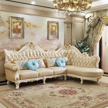 Угловой диван из натуральной кожи в европейском стиле, комбинированный для гостиной, размер с резьбой по дереву, элитный комплект