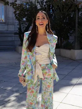 Женская летняя мода TRAFZA, атласный жакет с цветочным рисунком, тонкий разрез + Эластичные брюки для костюма с высокой талией сзади и принтом для женщин