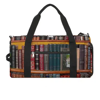 Спортивная сумка, книги, библиотека, спортивная сумка с обувью, принт на книжной полке, сумка для пары на выходные, изготовленная на заказ, ретро-багаж, сумка для фитнеса