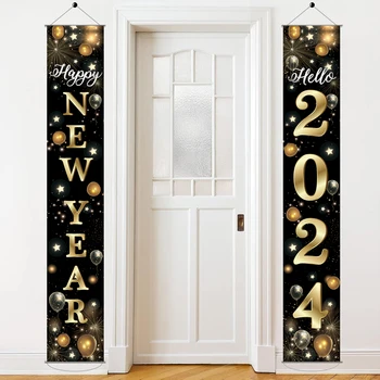 Счастливого Нового Года Украшения Черное Золото Новогодняя вечеринка На двери Висит Баннер Флаги Принадлежности для новогодних вечеринок 2024 Новый Год Рождество