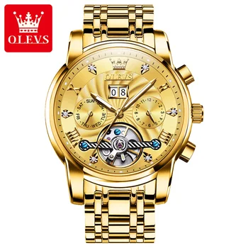 Модные Olevs, Лидирующий Бренд, Мужские Часы с Турбийоном, Роскошные Автоматические Механические Деловые Часы, Золотые Часы Reloj Mecanico Hombres 9910