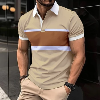 Летняя мужская повседневная рубашка поло в деловом стиле с короткими рукавами, рубашка поло в полоску с лацканами, верхняя одежда
