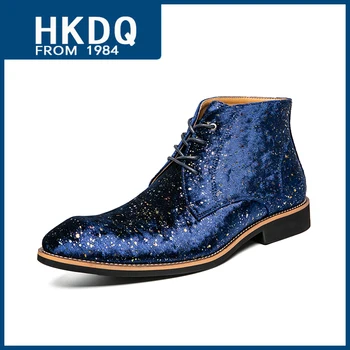 HKDQ/ Модная Синяя Мужская Светская обувь из ткани С блестками, Роскошные Дизайнерские Модельные ботинки Для вечеринок, Мужская Модная Официальная обувь С высоким берцем На шнуровке, Мужская