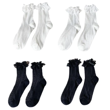 Женские хлопчатобумажные сетчатые носки Harajuku с милыми оборками, кружевным бантом в волнистую полоску и горошек, жаккардовые чулочно-носочные изделия 37JB