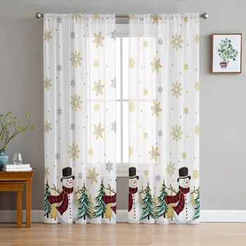 Рождественская елка, окно со снеговиком, тюлевые занавески для гостиной, кухни, рождественского домашнего декора, прозрачные вуалевые занавески