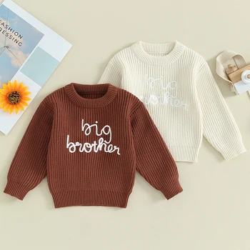 Осень-зима, повседневные свитера для новорожденных мальчиков, одежда с вышивкой букв, круглый вырез, пуловер с длинными рукавами, вязаные теплые топы