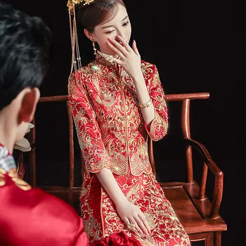 Плюс Размер 3XL 4XL 5XL Китайское Свадебное Платье Невесты Ципао Классическое Вышитое Цветком Феникса Элегантное Свадебное Платье Комплект Tang Suit