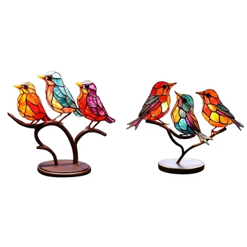 Настольные украшения с витражными птицами на ветке, Многоцветный металлический настольный орнамент с птицами, орнамент из пятнистого железа