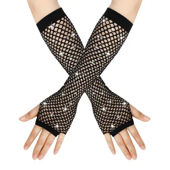 Неоновые ажурные длинные перчатки без пальцев, варежки-манжеты со стразами, женские сетчатые перчатки для танцев Y2k для девочек, сексуальные перчатки в стиле панк-гот