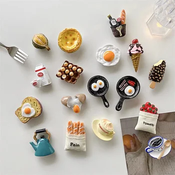 Креативная трехмерная еда Яйцо Хлеб Кофе Помидоры на палочках для завтрака, украшение из смолы Наклейка на холодильник