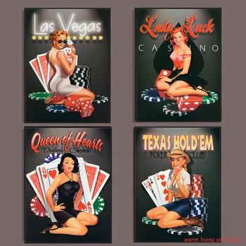 Винтажный плакат с игральными картами, сексуальный покер-крупье, картины на холсте, декор комнаты, эстетические плакаты, настенное искусство, декор бара