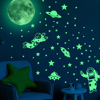 Светящиеся звезды, наклейка на стену, Декор, Светящаяся наклейка, Темная Космическая Луна, Астронавт, Большой ПВХ